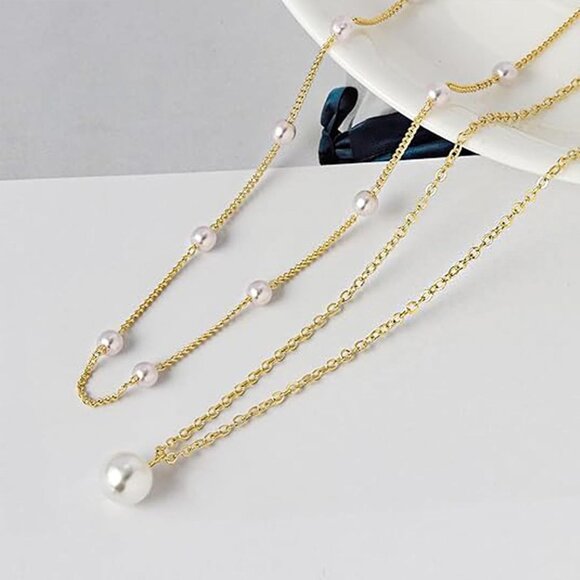 Layered Gold Chain Pearl Necklace Gold-Plated Women's with Imitation Pearls - Picture 6 of 6